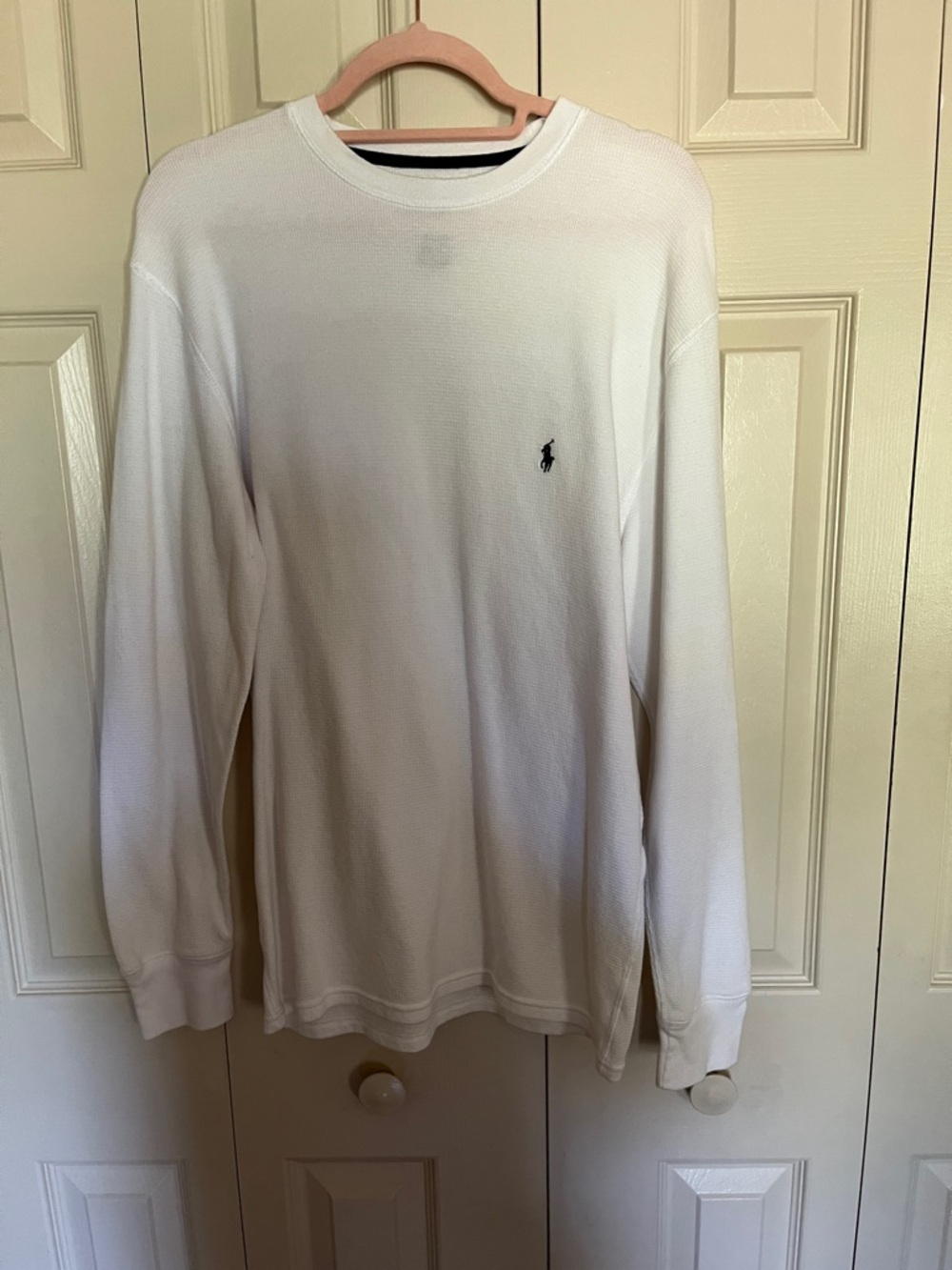 Ralph Lauren White Long Sleeve Waffle-Knit Crew with Navy Pony
